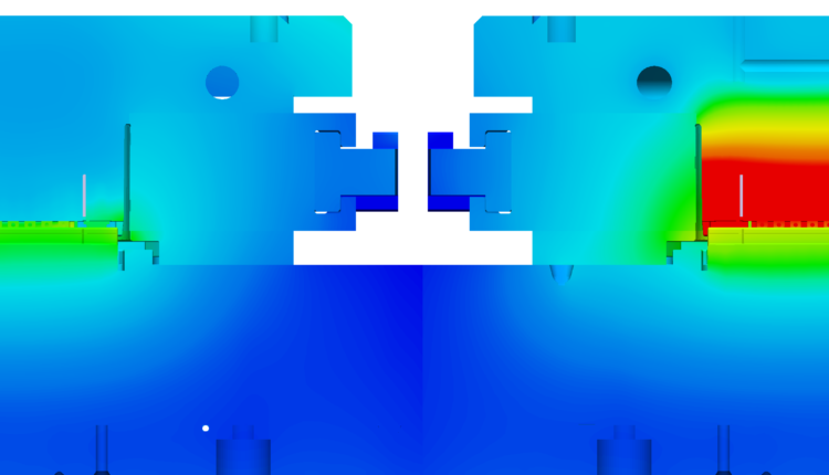 Mold temperature control on the left using conformal cooling, on the right using conventional cooling.